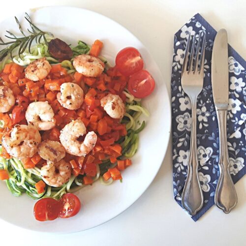 Garnelen mit Gemüsespaghetti, Zucchini, Zoodles, Rezept, Low Carb