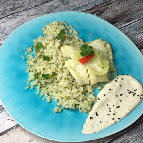 Blumenkohlcouscous, Kabeljau, Sesamjoghurt, Minze, Petersilie, No Carb, Carl Tode, Göttingen