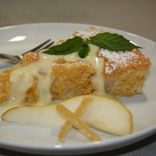 Schneller Kuchen, Birne, Ingwer, Birnenkuchen, Herbst, Kaffeezeit, Vanillesauce, Carl Tode, Göttingen