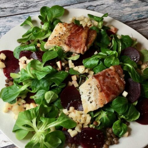 Berglinsen, Linsensalat, Feldsalat, Rote Bete, Apfel, Goldbarschfilet, Barschfilet, Barsch, Schinken, Fisch, kochen, Rezept, Carl Tode, Göttingen